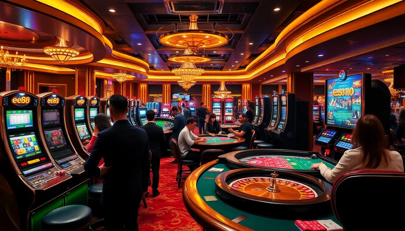 ee88 players enjoying thrilling games at an upscale casino with vibrant slots and tables.