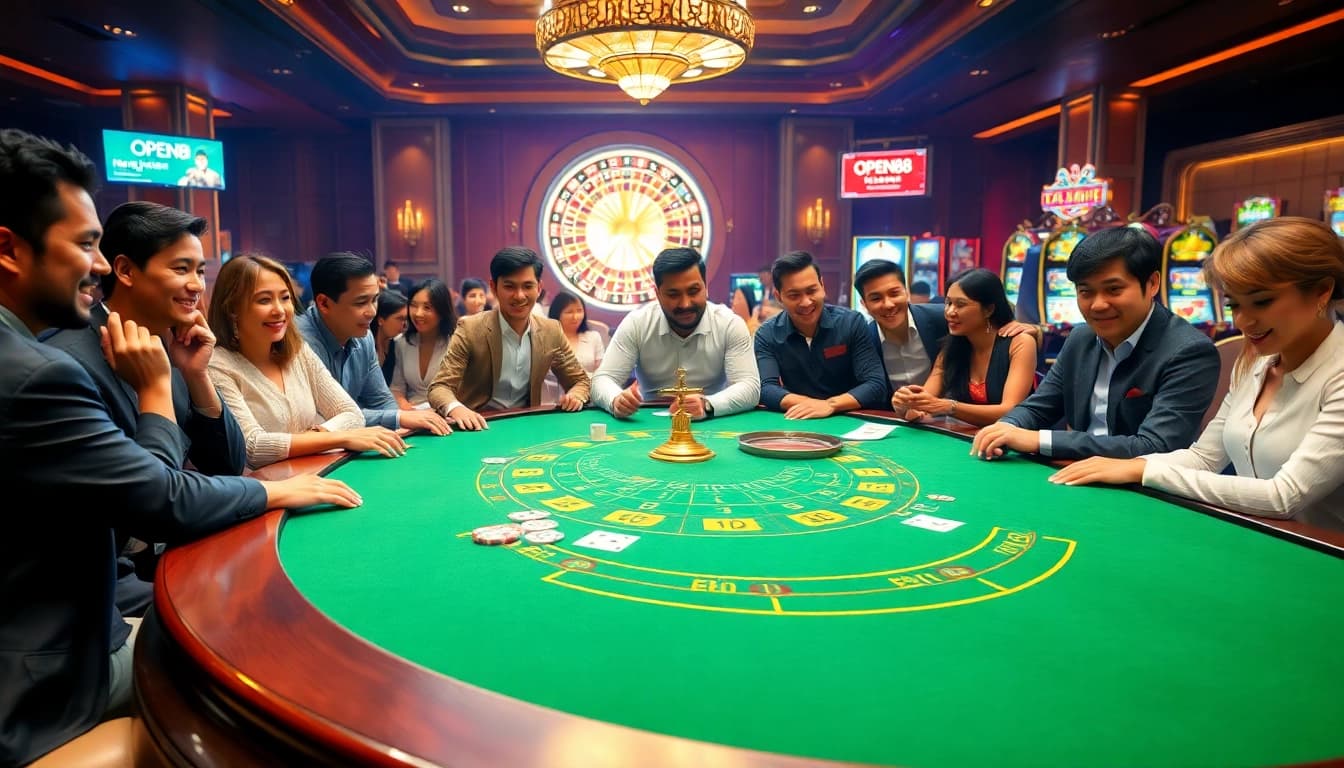 Gamblers enjoying live blackjack at OPEN88, showcasing excitement and luxury in a vibrant casino atmosphere.