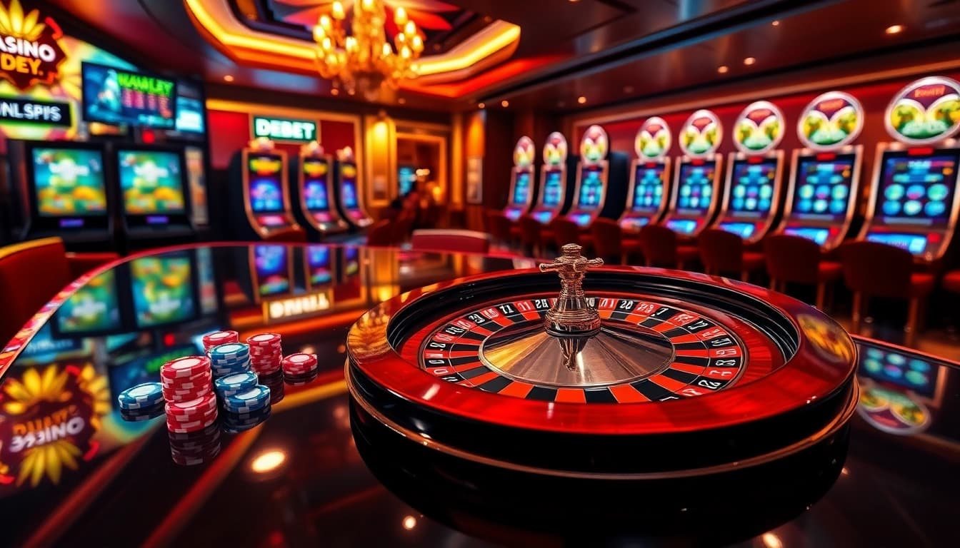 Feel the thrill of DEBET's luxurious online casino with vibrant roulette and poker chips.