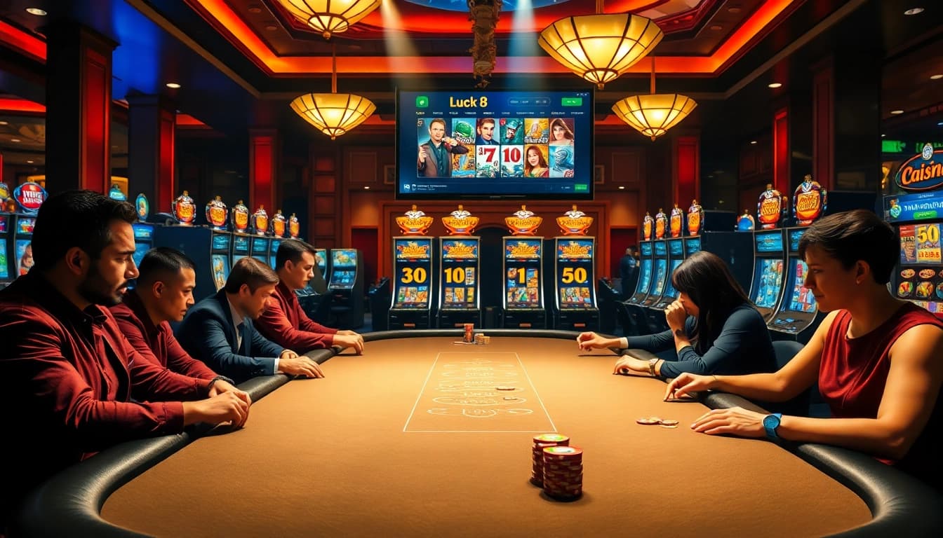Exciting gameplay at luck8 games with poker chips and vibrant slot machines lighting up the casino atmosphere.
