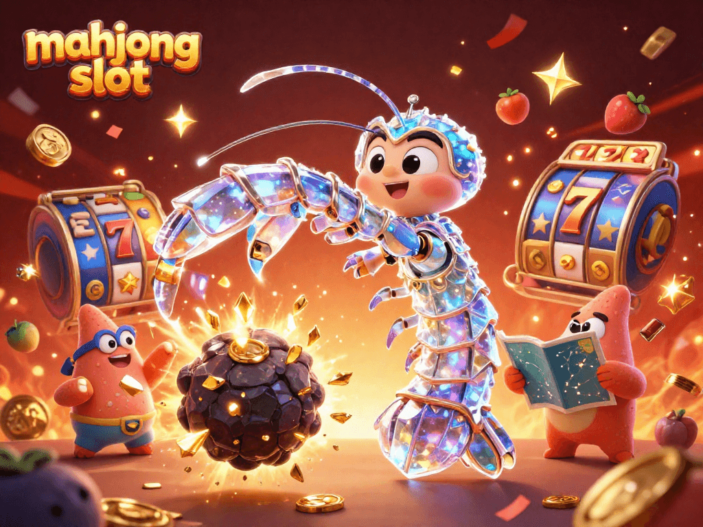 Win big with mahjong slot in a vibrant, action-packed 3D casino illustration featuring dynamic characters and symbols.