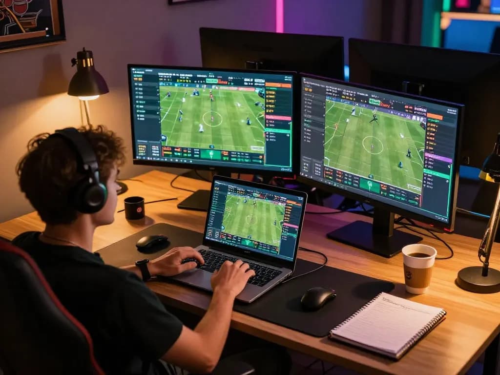 Engaging in sports betting online at https://tx88at.com/ from a modern gaming setup with focused ambiance.