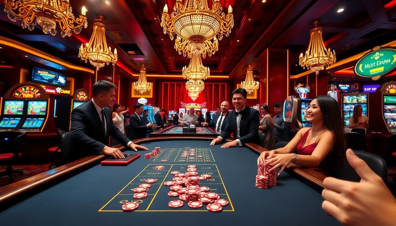 Engaging gamblers at the KM88 casino poker table with vibrant chips and roulette wheel.