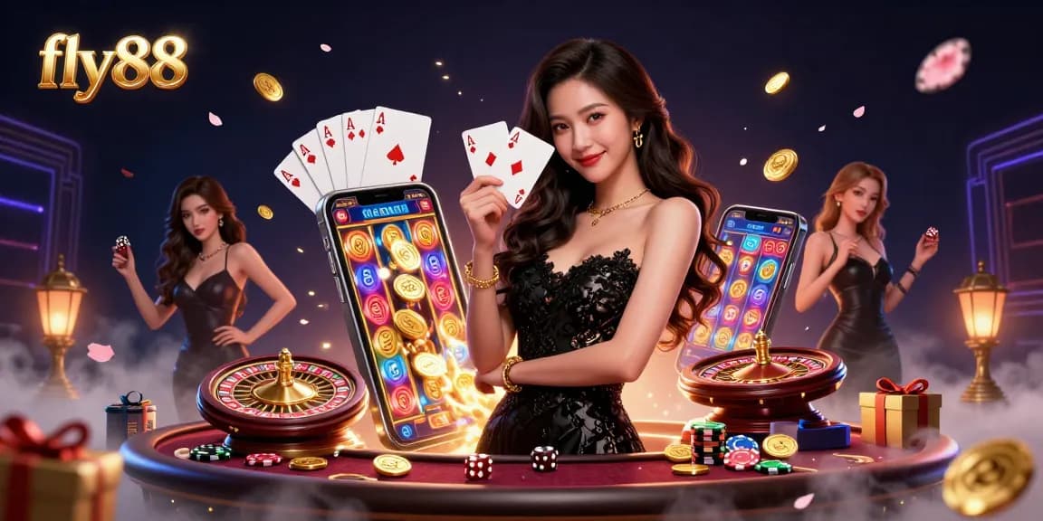 Experience the excitement of fly88 casino with a stunning 3D illustration showcasing a glamorous Asian woman holding playing cards amidst vibrant gaming elements.