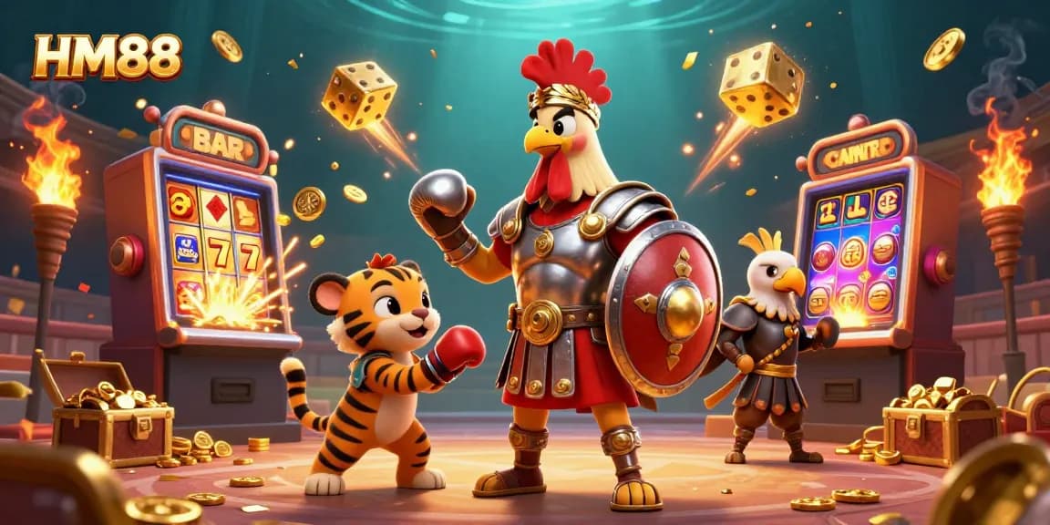 HM88 highlights exciting winning moments in a packed casino scene with animated battles and slot machine jackpots.