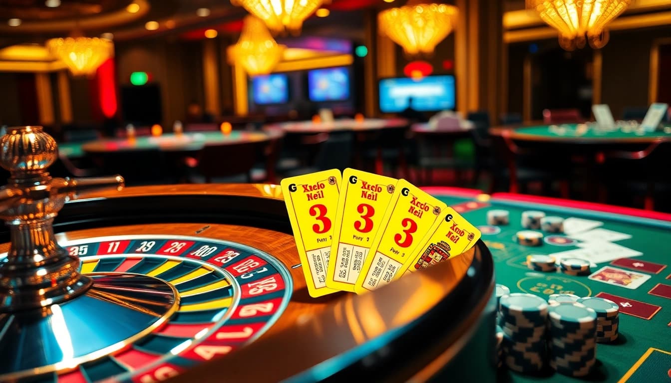 Xổ số 3 miền hôm nay with vibrant lottery tickets and poker elements creates an engaging casino atmosphere.