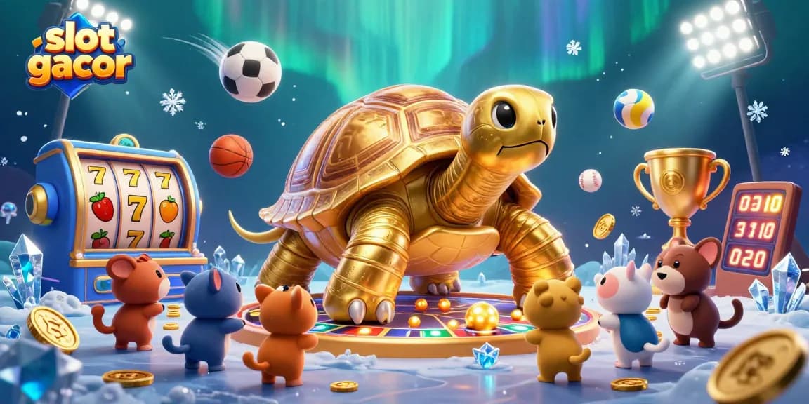 Win big with slot gacor as animals gather around a golden tortoise slot machine