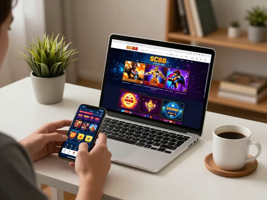 Engaging interaction with SC88 casino app on smartphone while enjoying a relaxed home gaming session.