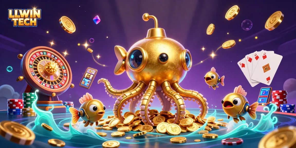 Win big with LLWIN TECH in a vibrant underwater casino scene featuring golden kraken and slot machines.