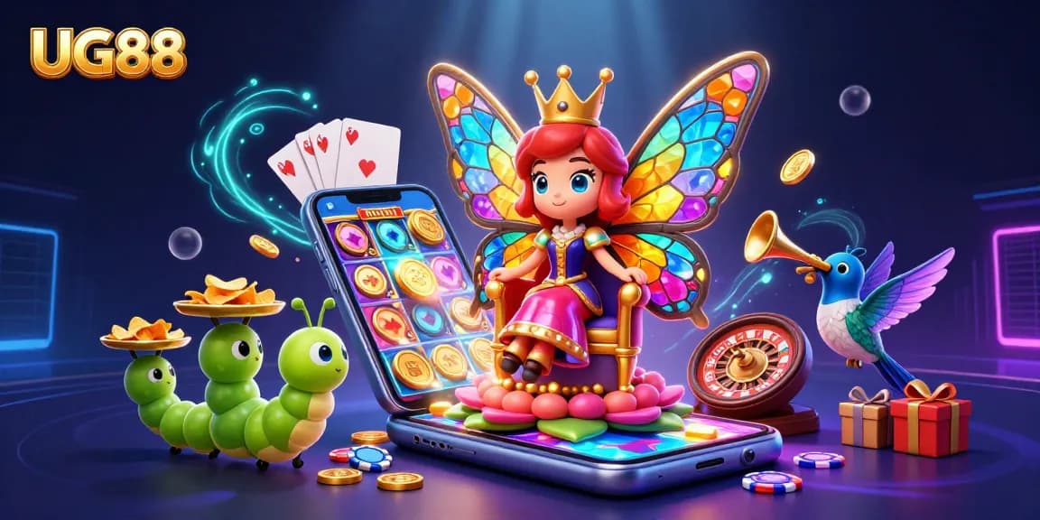 Experience the excitement with UG88 as slot games and vibrant visuals come to life in this dynamic illustration.