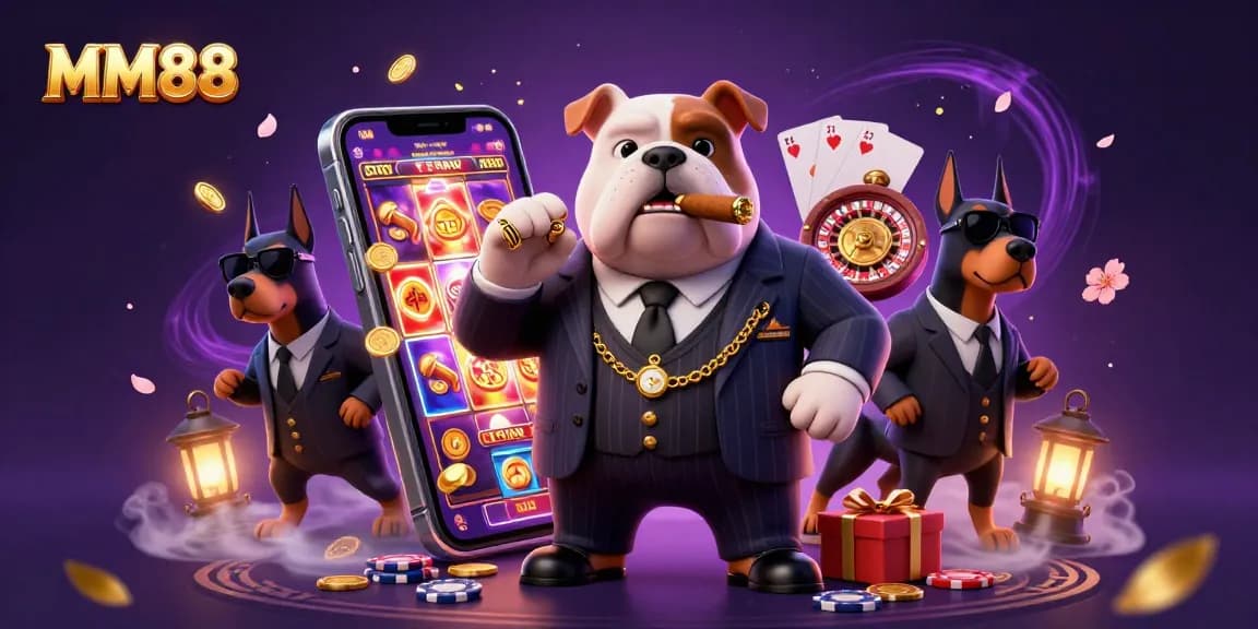 Experience the thrill of MM88 with a lively 3D casino scene featuring gambling elements and characters.