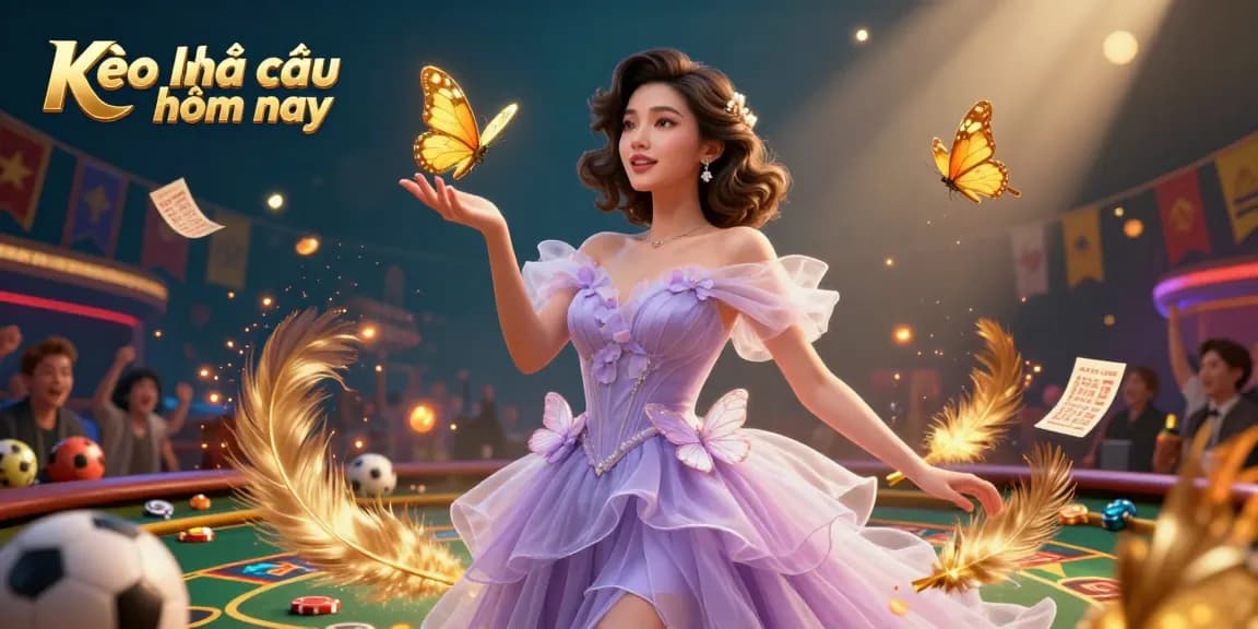 Kèo nhà cái hôm nay showcases a stunning Asian woman in a lavender gown, surrounded by dynamic sports betting elements and golden accents.