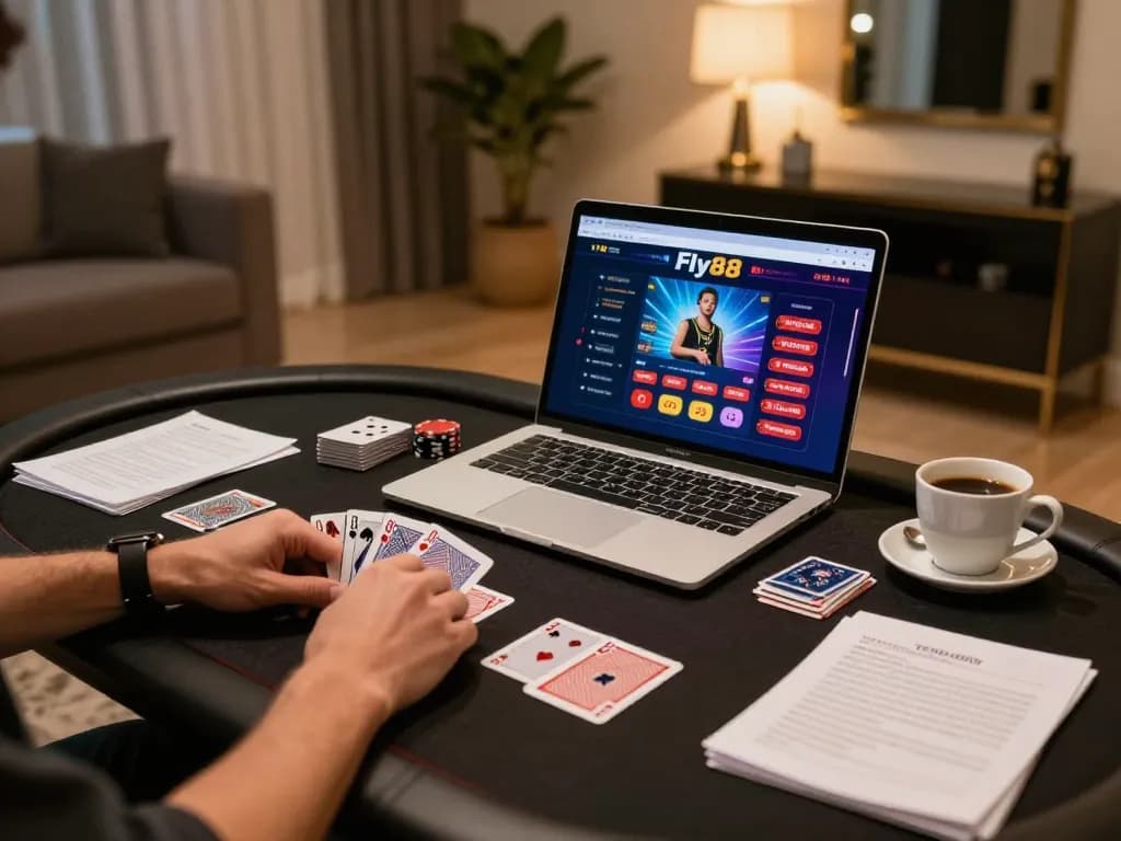 Engaged player enjoying Fly88 online casino games at a stylish home setup with strategy notes