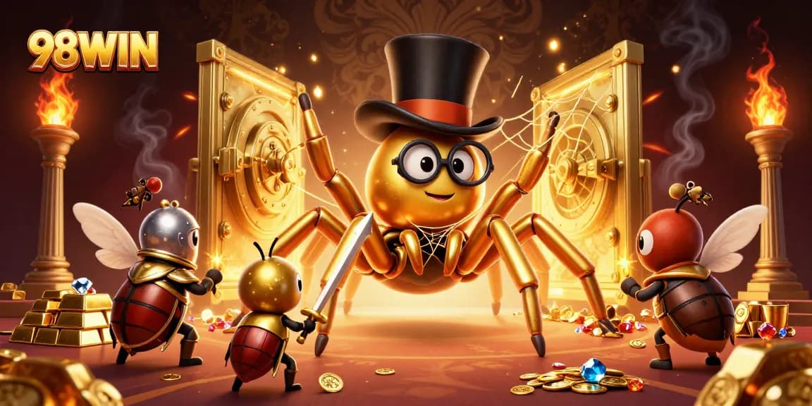 Join the fun at 98WIN with a dazzling scene filled with gold treasure and characters.
