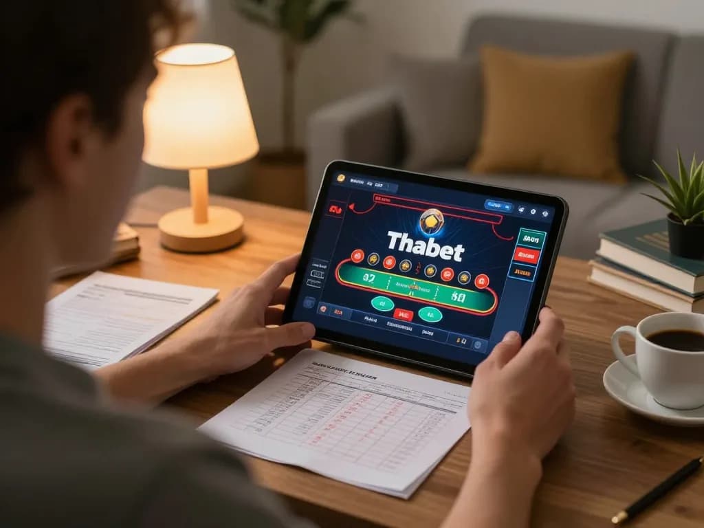 Engaging in strategic blackjack gameplay on Thabet from a cozy home gaming setup, focusing on bankroll management.