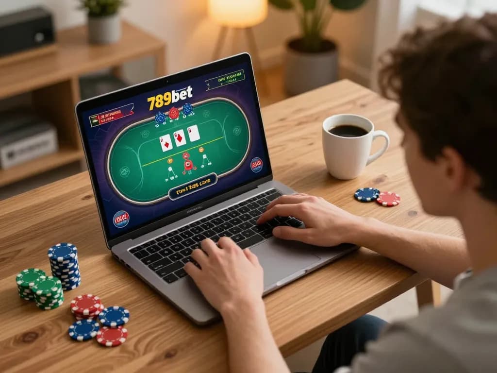 Engage in strategic gameplay at 789bet com with poker on laptop in a cozy home office.