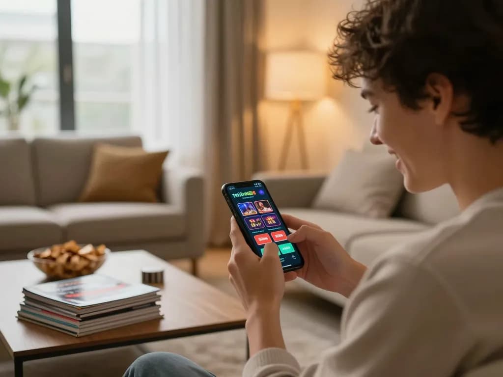 Player enjoying the twiin68 casino app on smartphone in a cozy living room environment