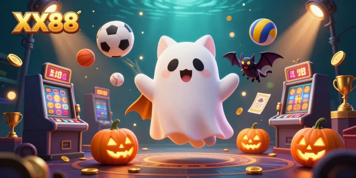 Experience the thrilling energy of XX88 with a friendly ghost cat and dynamic casino elements in a vibrant 3D illustration.