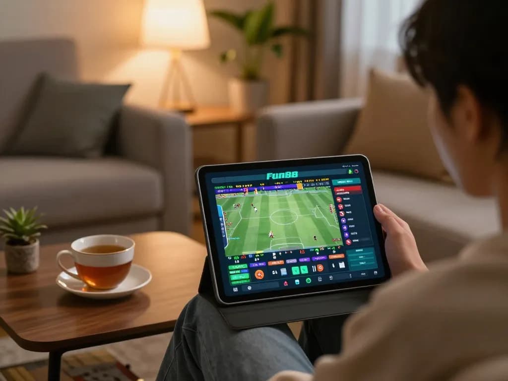 Enjoying online betting on Fun88 with a tablet in a cozy home setting.