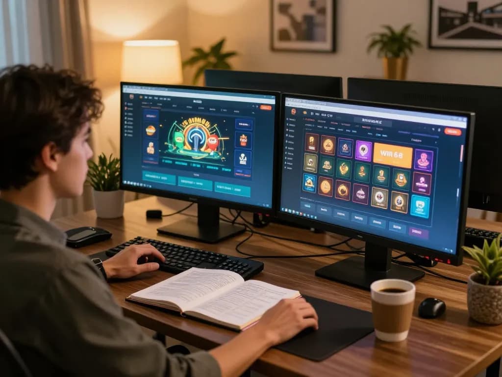 Player engaging in online gaming with win68 platform, showcasing betting strategies and a cozy environment.