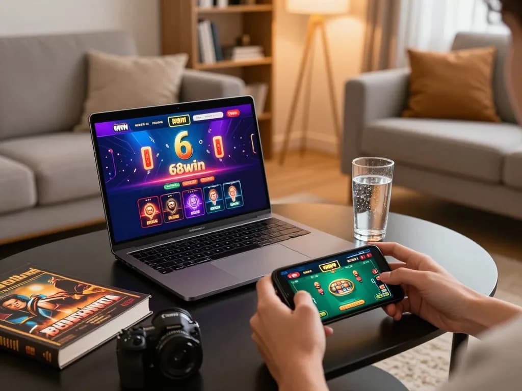 Engaging gameplay on 68win casino app displayed on a smartphone, illustrating online gambling in a cozy home setting.
