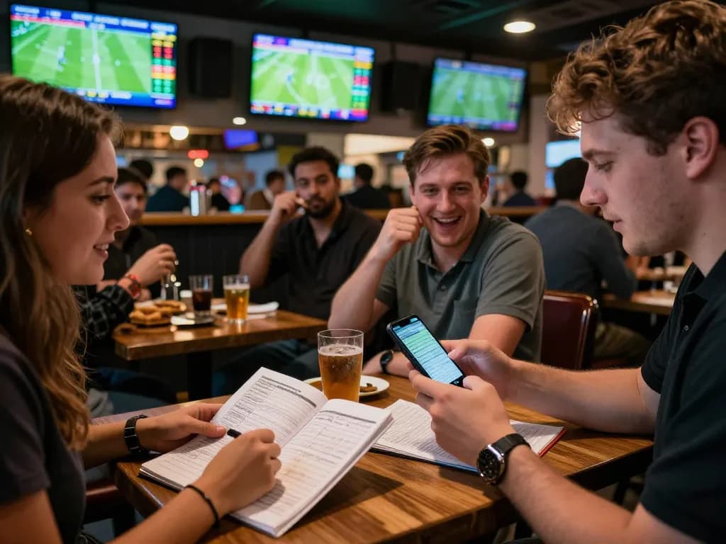 Excited patrons engaging in footballl betting at a lively sports bar with multiple screens.