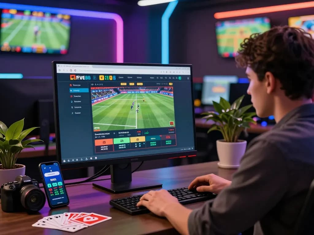 Five88 betting platform user engaged in live sports wagering with vibrant gambling atmosphere