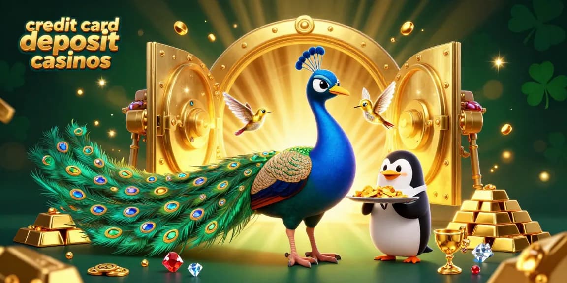 Discover vibrant action at credit card deposit casinos with peacock, penguin, and hummingbird in a treasure-filled scene.