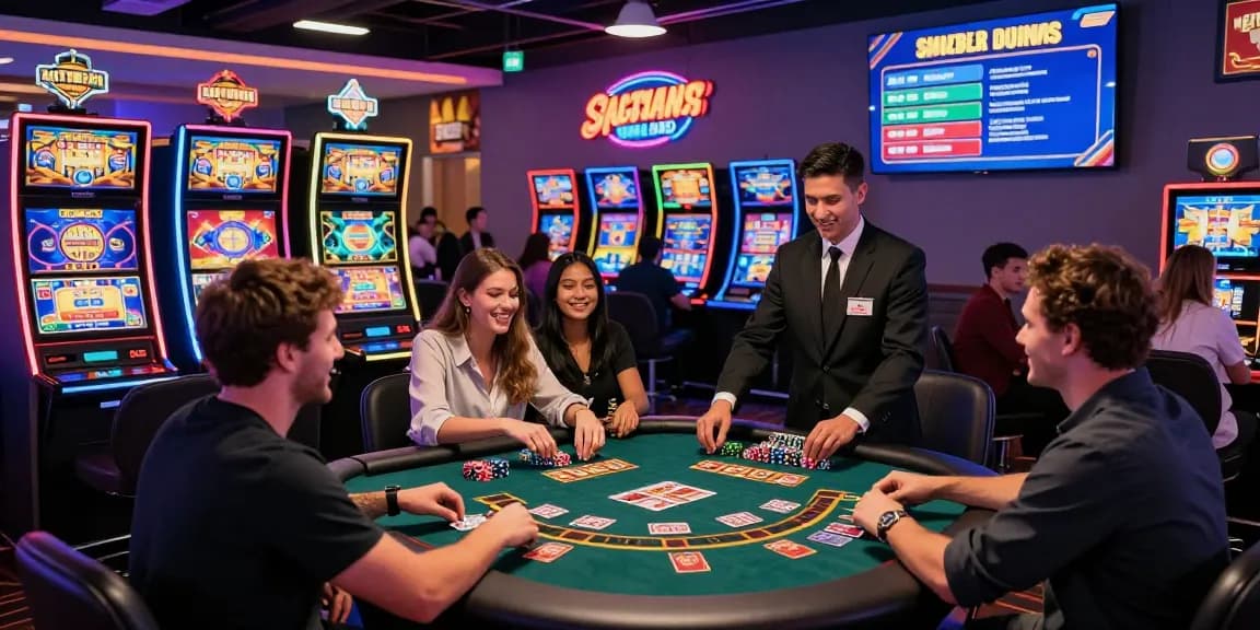 Vibrant gaming scene at https://saintnicolasplace.co.uk where players enjoy credit card casino games surrounded by excitement and colorful lights.