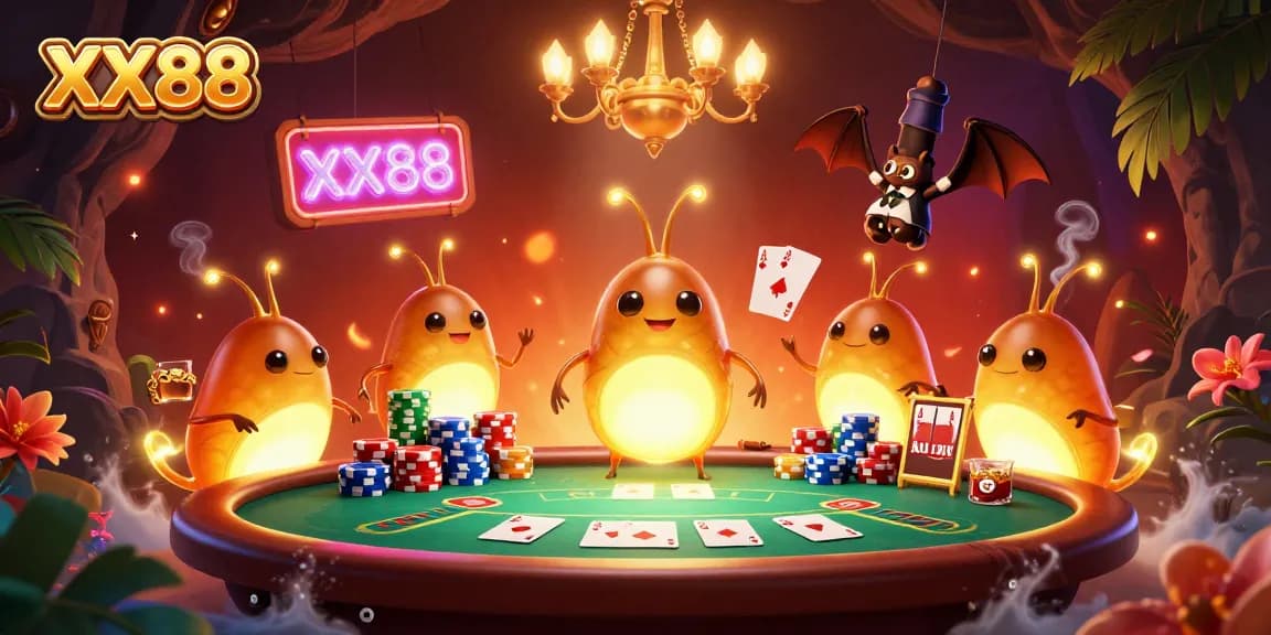 Engage with XX88 in a vibrant 3D cave casino scene filled with poker action and colorful characters
