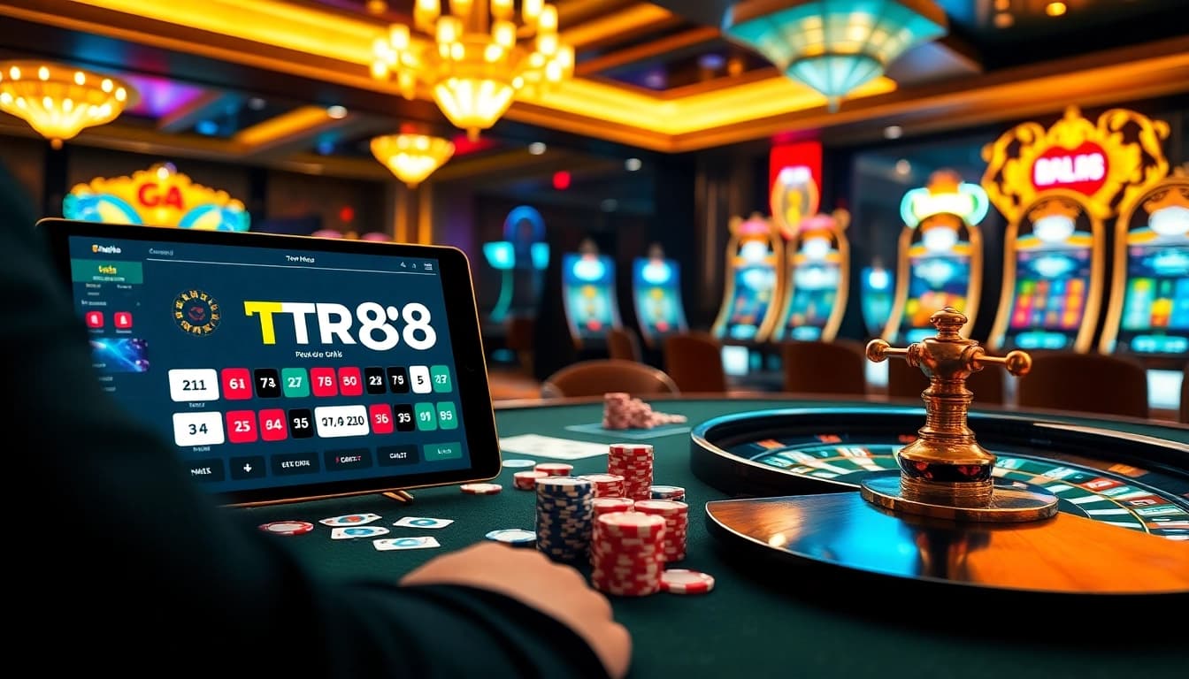 Experience excitement at the TR88 app casino table with vibrant poker chips and cards.