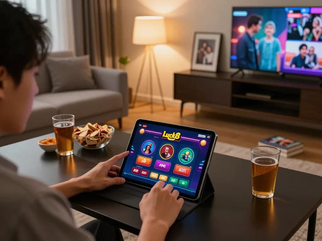 Luck8 user engaging in online casino gaming on a tablet in a cozy living room setup.