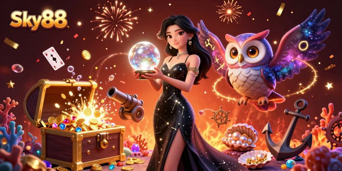 Engage with thrilling gambling adventures at Sky88 with vibrant casino elements celebrating wins.