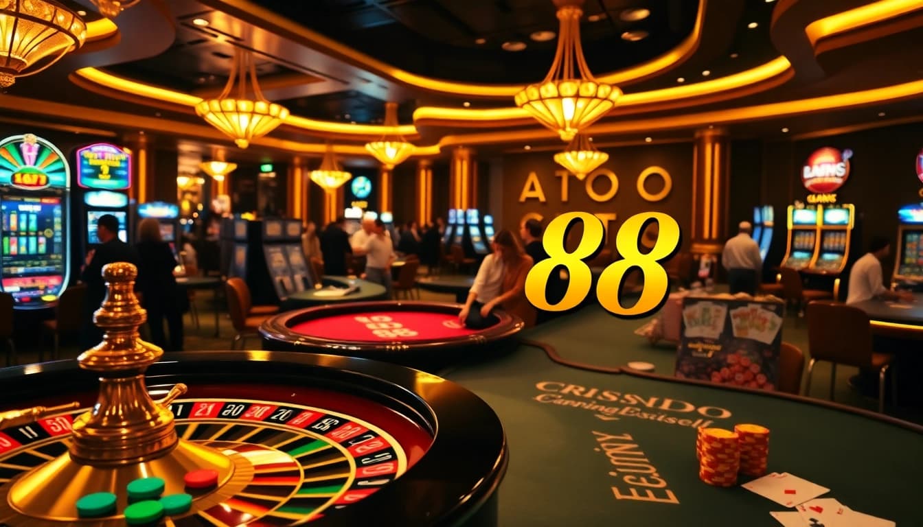 Engaging scene of players enjoying Go 88 games at poker and roulette tables in a luxurious casino.