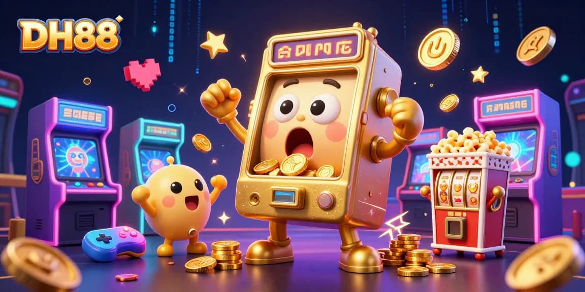 Experience the thrilling jackpots at DH88 with vibrant slot machines pouring coins in a colorful casino