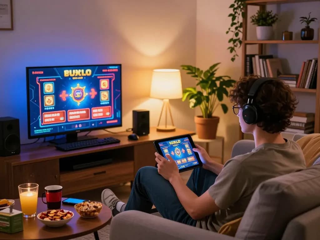Engaged player at home using 78winvina for an online slots session, enjoying a relaxed gaming atmosphere