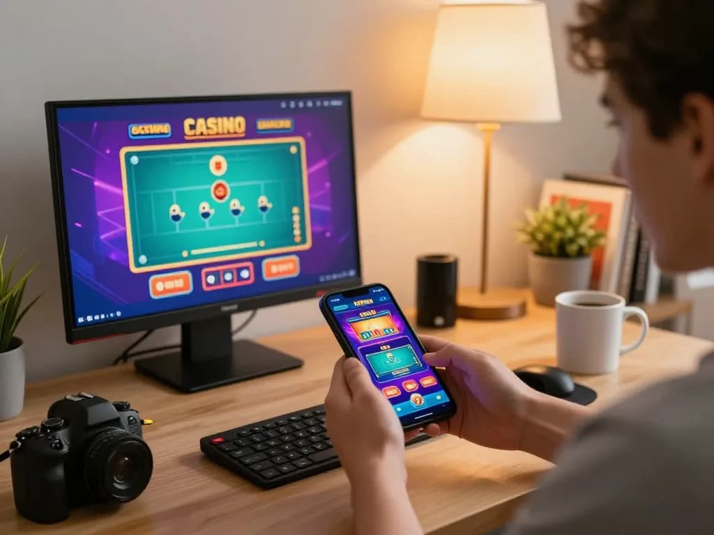 Player enjoying the 69vn casino experience on a smartphone in a cozy home office setting