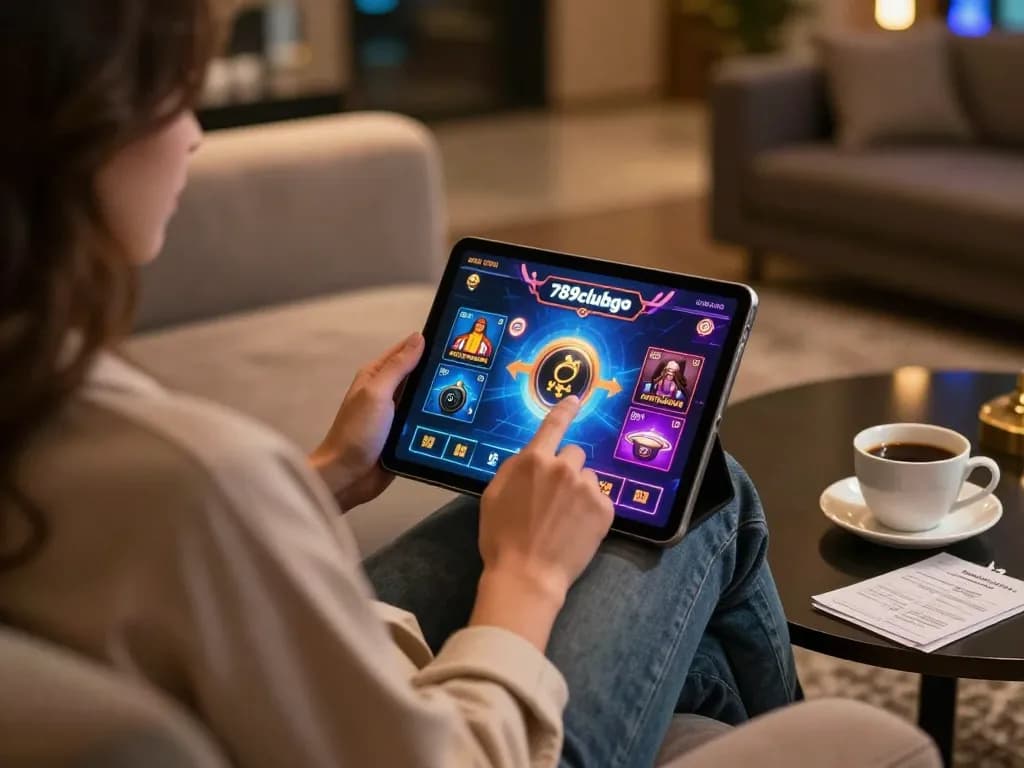 Engaging with 789clubgo through a tablet in a cozy home casino environment.