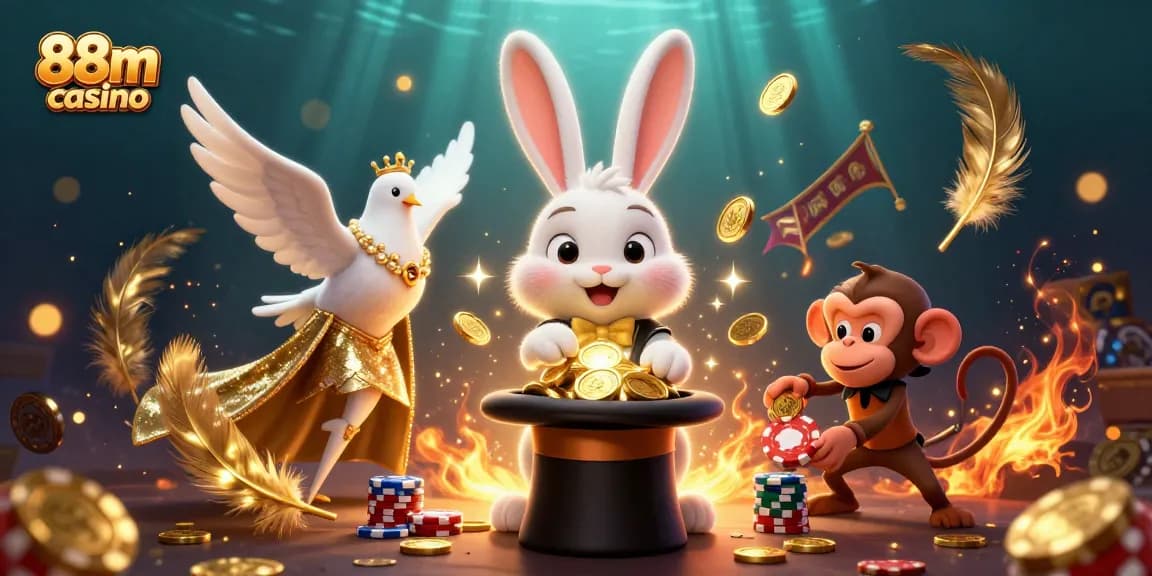 Experience the magic of 88m casino with a cartoon magician rabbit pulling coins from a top hat amid vibrant casino elements.