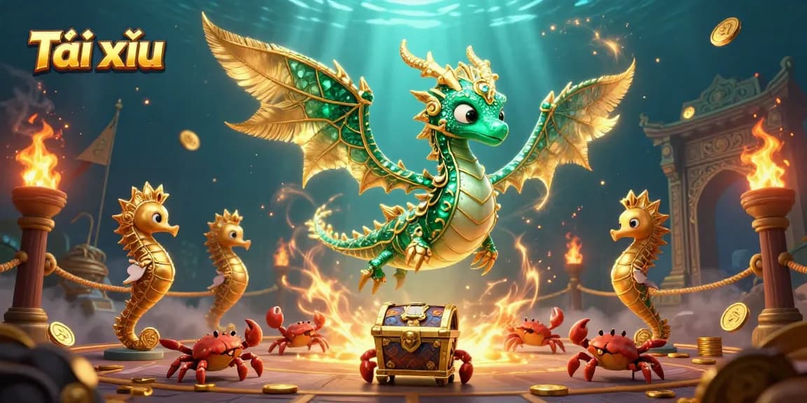 Join the excitement of Tài xỉu with a stunning underwater scene of a dragon and treasure.