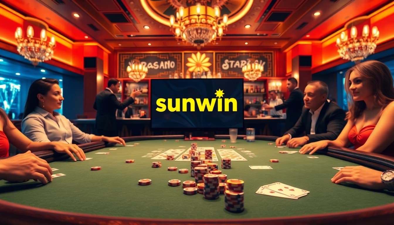 Engaged players at a sunwin poker table exuding excitement and luxury in a vibrant casino atmosphere.