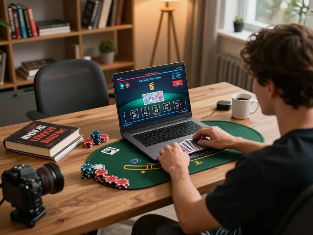 Engaging in online blackjack at https://da88at.com/ with strategic gameplay in a modern home office setup.