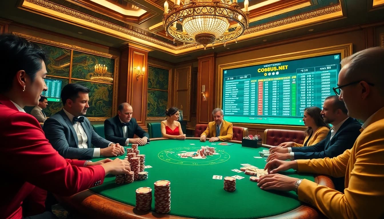 High-stakes poker game at https://co88us.net/ featuring luxury players and colorful chips.