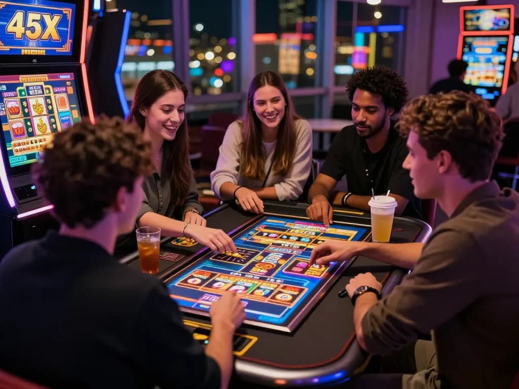 Friends enjoying 45X bet games at a modern casino table with vibrant slot graphics.