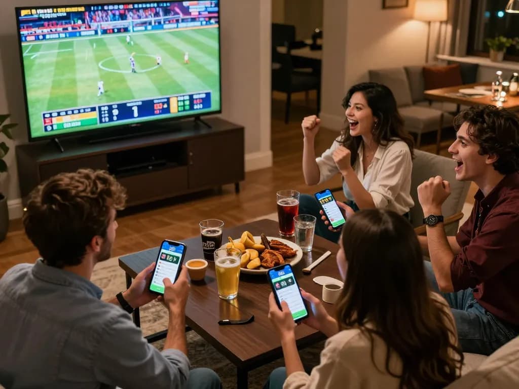 Friends using go8 betting app while cheering for their favorite team during a sports event