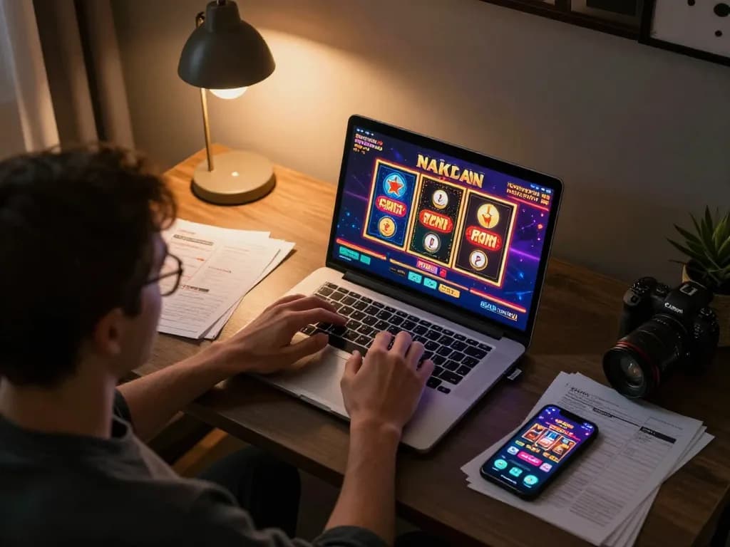 Engaging online gaming atmosphere at home using 68gamebaivn with colorful casino graphics.