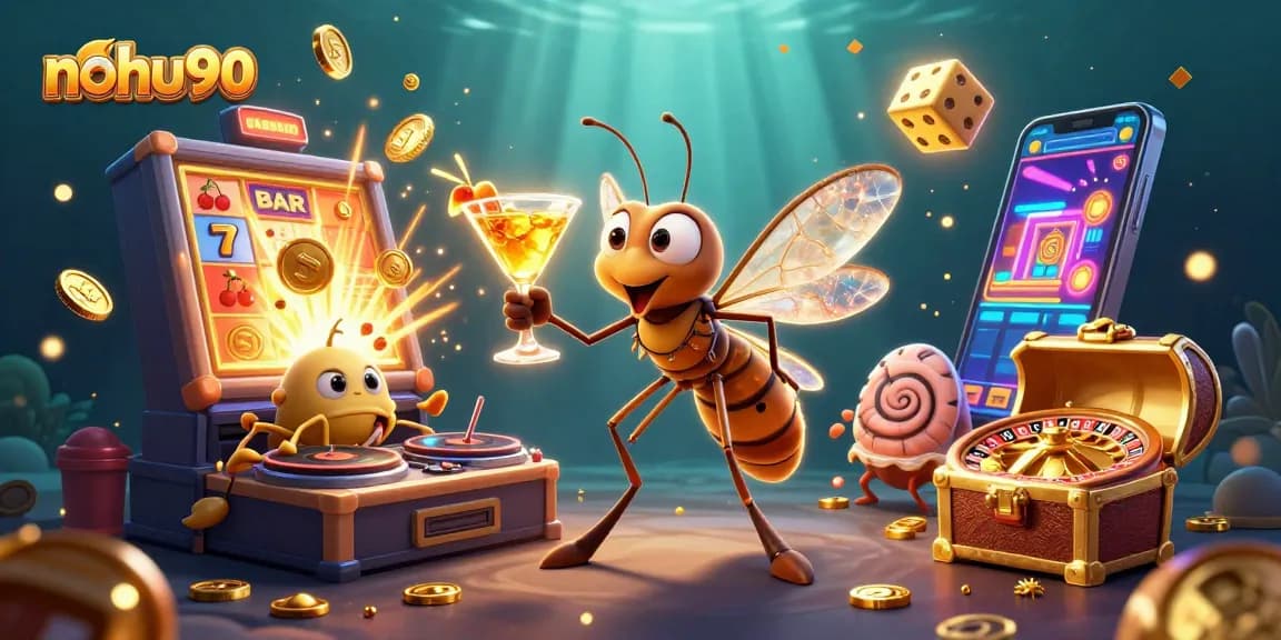 Join the fun with nohu90, featuring a vibrant 3D casino scene with a lively frozen mosquito mascot and exciting game elements.
