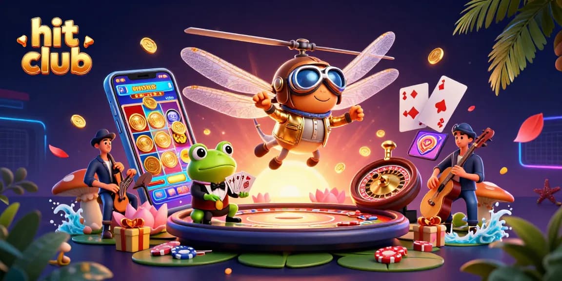 Experience the thrilling hit club with a vibrant casino scene featuring a dragonfly pilot and frog croupier.