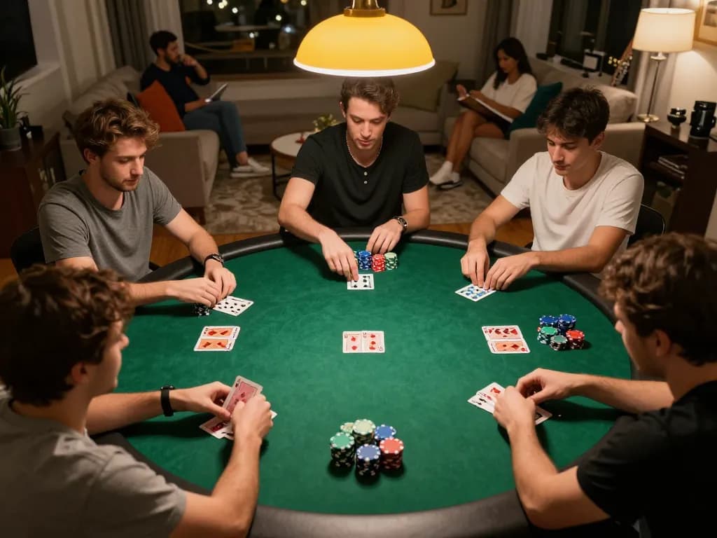 Poker game night with friends engaging in strategic play at a cozy home, showcasing gi8 gaming insights and atmosphere.