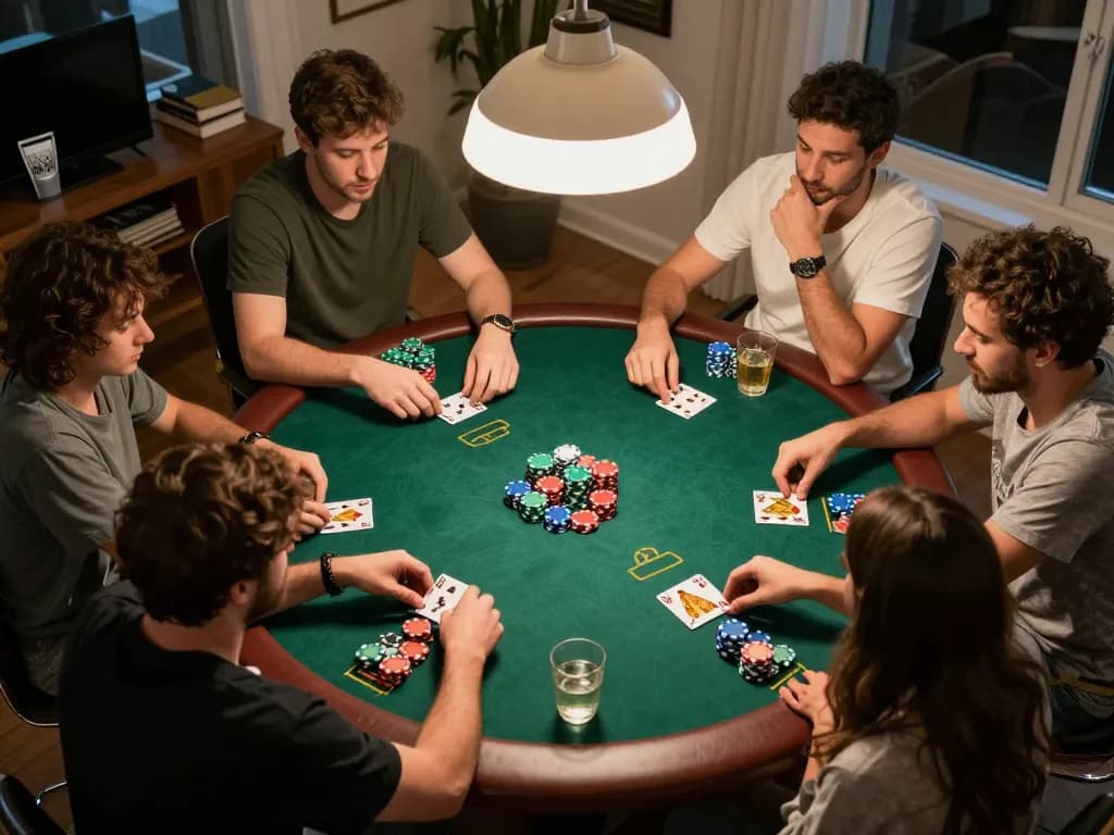 Enjoying an exciting poker game with friends using the Socolive link for strategy insights in a cozy home setting.